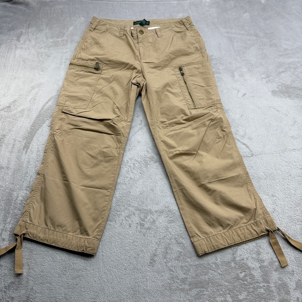 Lauren Ralph Lauren Cargo Pants Women 8 Tan Khaki Cropped Utility Zipper Pockets